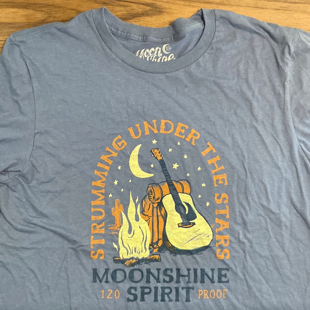 Moonshine Spirit “Fine Grade 120 Proof” Graphic Tee – Blue/Orange Cotton – Men’s
